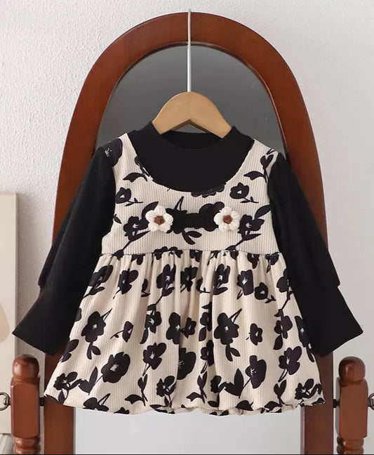Baby Girl Long Sleeve Black Top with Beige Floral Pinafore Dress | 1-3 Years