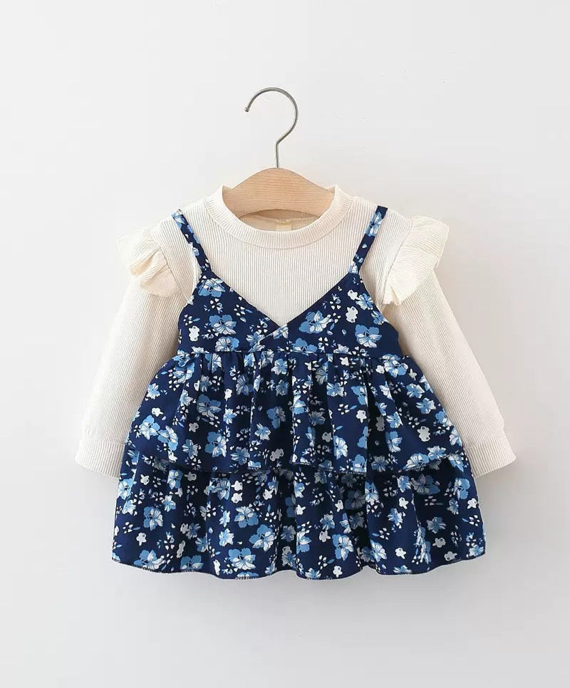 Floral Tiered Frock with Ribbed Sleeve Top for Baby Girls | 6 Month to 3 Years