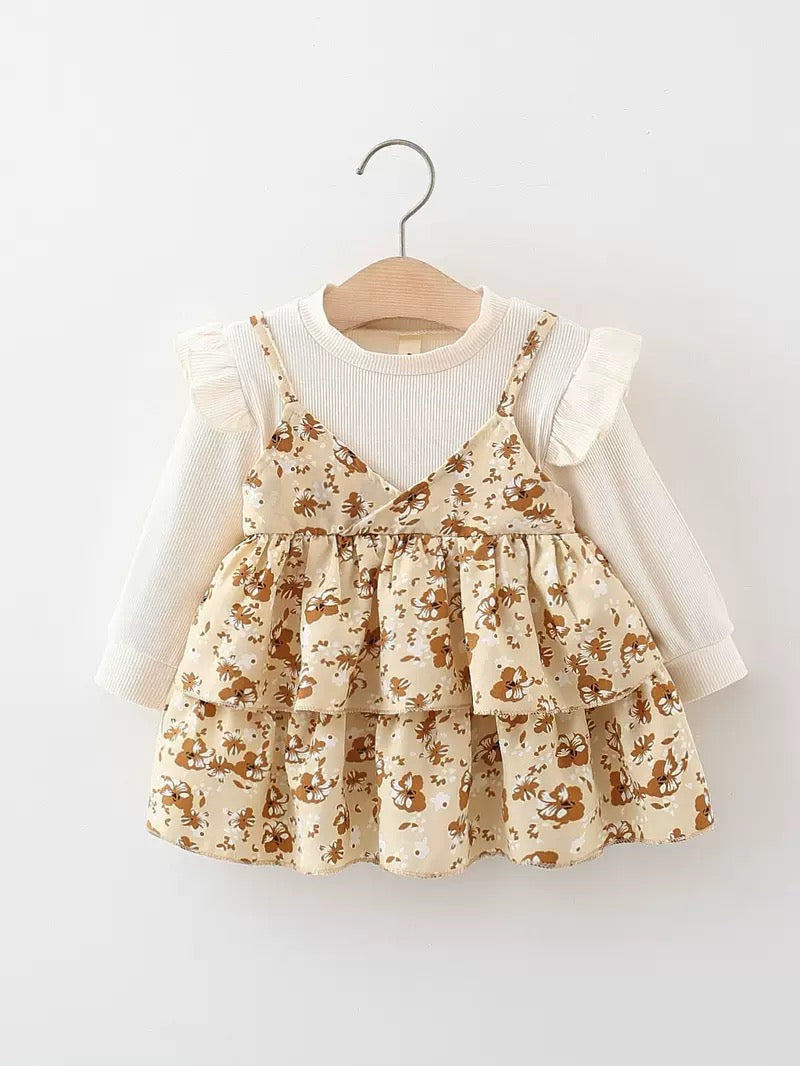 Floral Tiered Frock with Ribbed Sleeve Top for Baby Girls | 6 Month to 3 Years