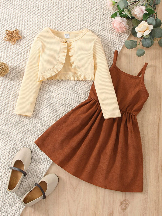 Girls’ Brushed Twill Strap Dress With Ribbed Shrug – 2-Piece Layered Outfit | 4-7 Years