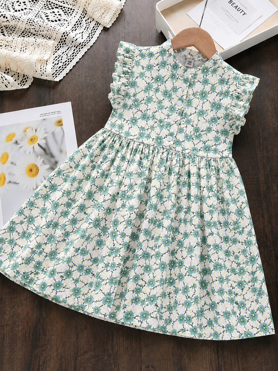 Mint Blossom Frill Sleeve Girls Frock | 4-7 Years