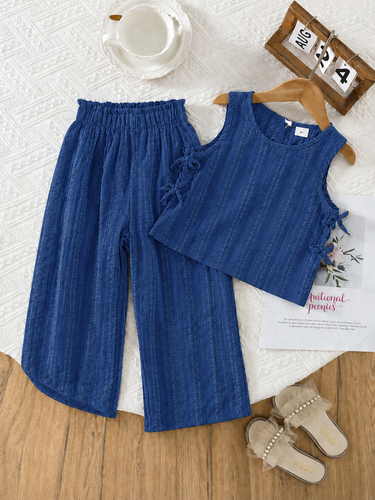 Royal Blue Textured Co-Ord Set for Girls – Sleeveless Side Bow Top & Wide Leg Pants | 4-7 Years