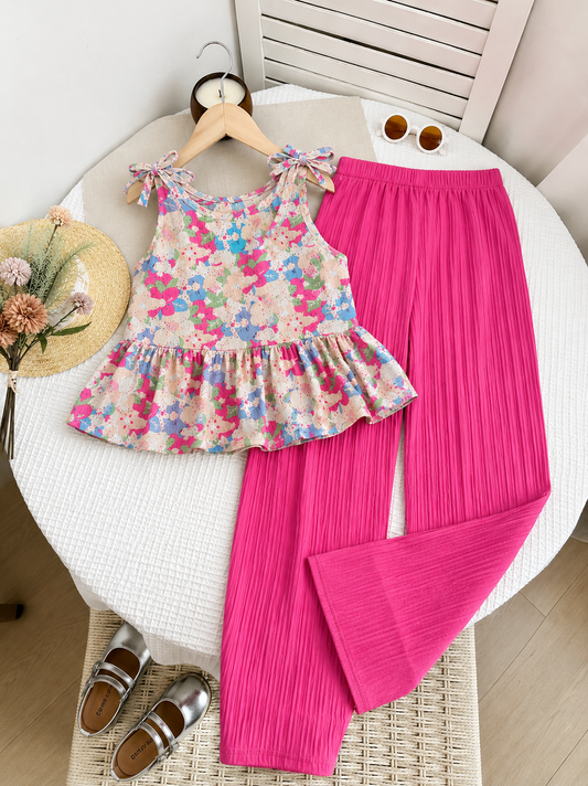 Floral Peplum Top & Hot Pink Pleated Trouser Co-Ord Set for Girls | 4-7 Years