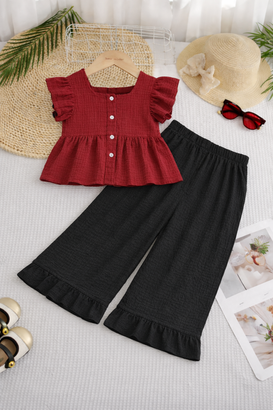 Girls Red Textured Peplum Top with Black Wide-Leg Pants | 4-7 Years