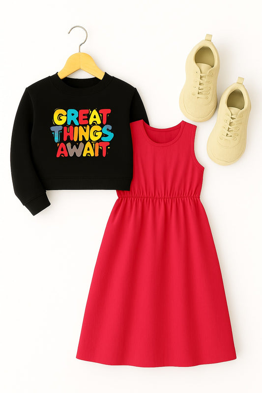 “Great Things Await” Sweatshirt & Pink Frock Set