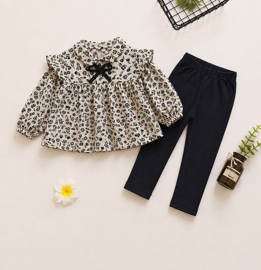 Girls 2-Piece Printed Ruffle Top & Leggings Set – Black & Beige | 4-7 Years