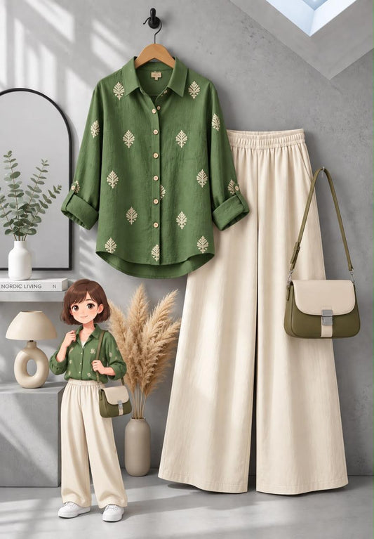 Girls Printed Button-Down Shirt & Wide-Leg Trouser Set | 4-7 Years