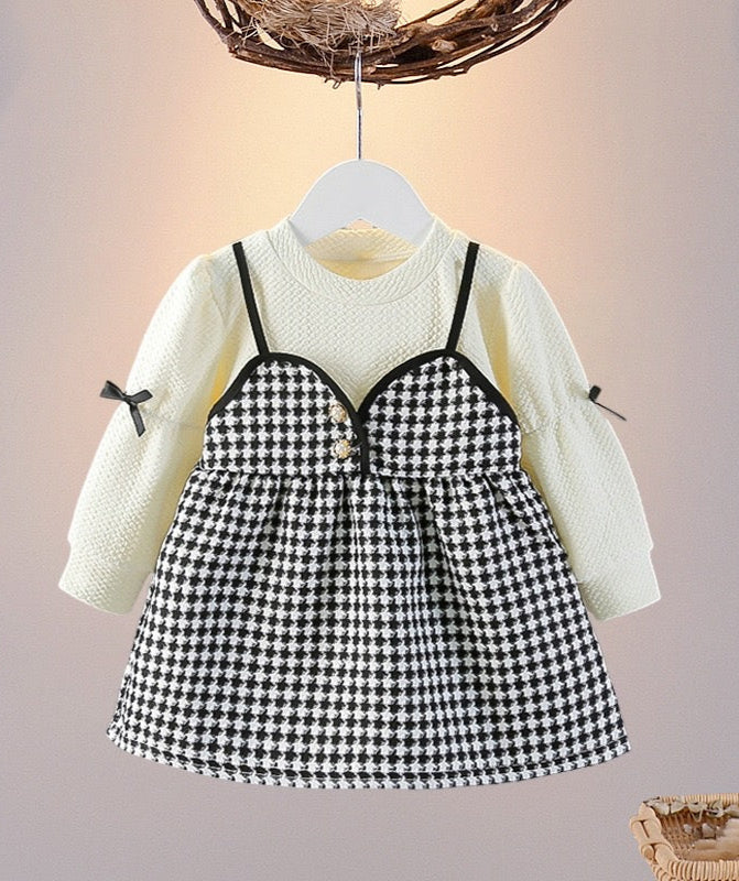 Baby Girl Layered Outfit – Quilted Cream Top & Checkered Frock | 1-3 Years