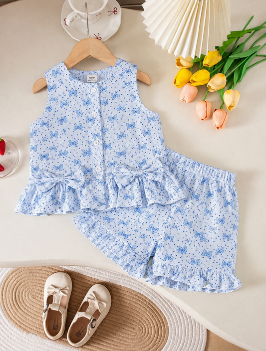 Sky Blue Bow Print Summer Co-Ord Set for Baby Girls | 1-3 Years