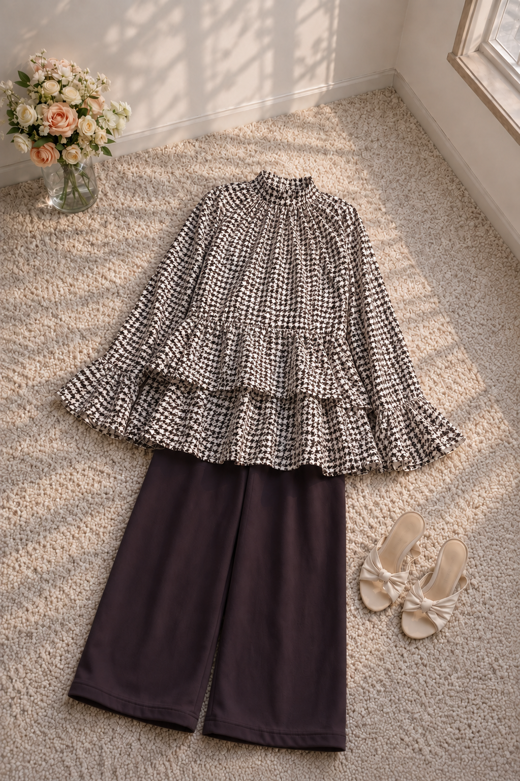 Girls 2-Piece Printed Peplum Top & Wide-Leg Trouser Set – Brown & Black | 4-7 Years