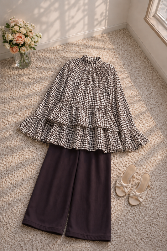 Girls 2-Piece Printed Peplum Top & Wide-Leg Trouser Set – Brown & Black | 4-7 Years