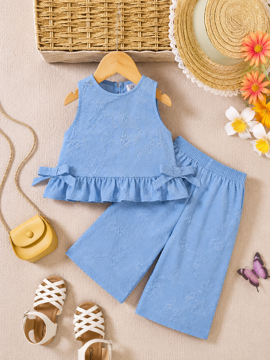 Floral Embossed Sleeveless Frill Co-Ord Set for Girls | 4-7 Years