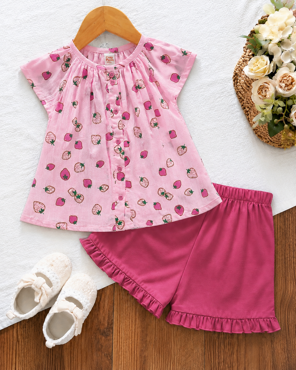 Girls Strawberry Print Top & Dark Pink Ruffle Shorts Set  - 1-3 Years