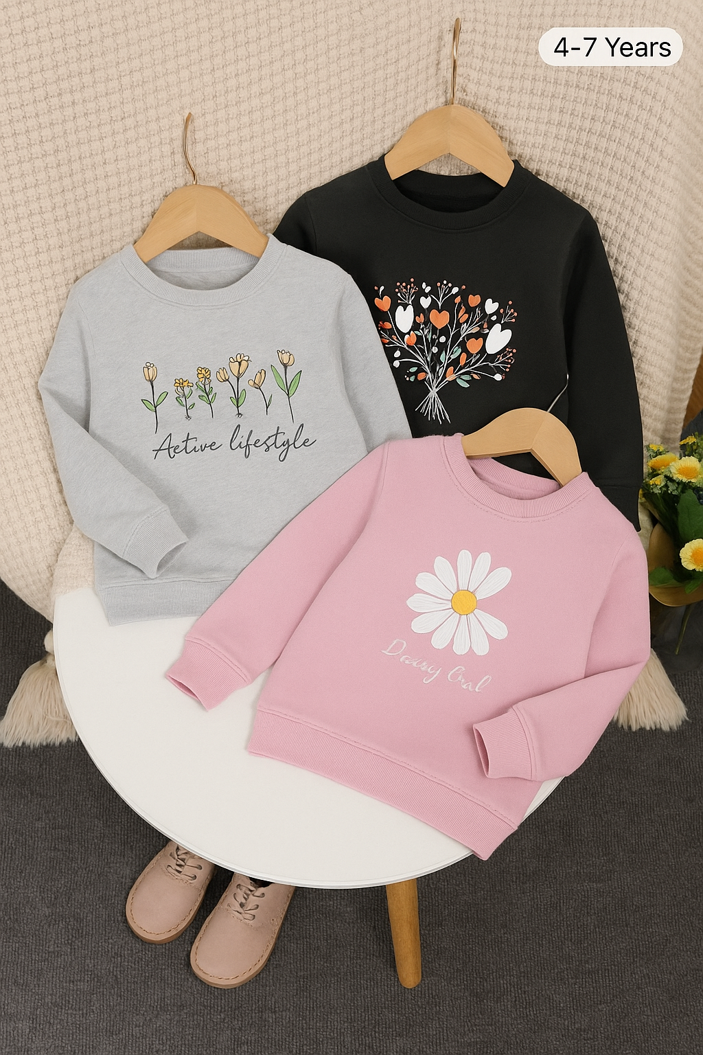 Girls’ Sweatshirt Set – Daisy, Floral & Heart Print Designs | 3-7 Years