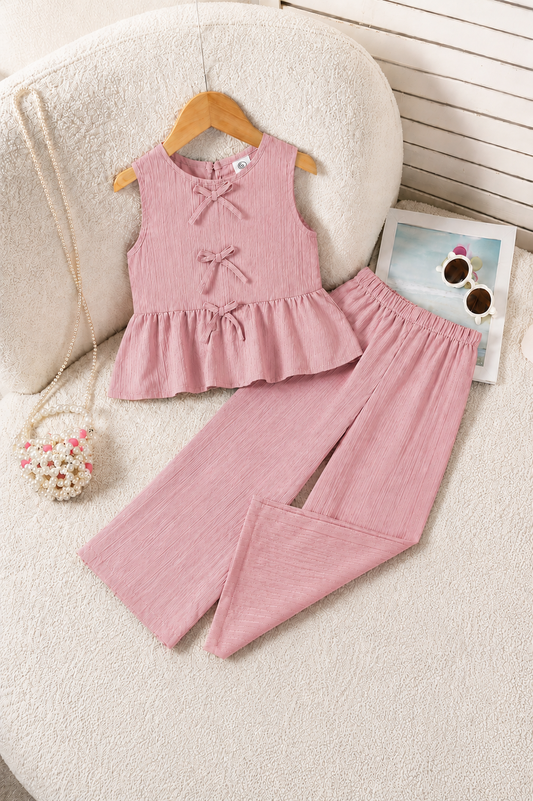 Girls Stripe Texture Co-Ord Set – Peplum Top & Wide Leg Trouser | 4-7 Years