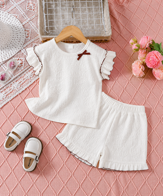 Textured Frill Sleeve Co-Ord Set with Bow Detail